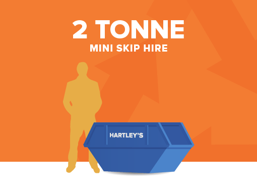 2 tonne mini size skip for hire with orange background and size comparison