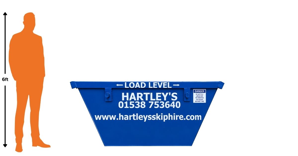 2-tonne-mini-small-size-skip Blue skip with 6ft silhouette for scale