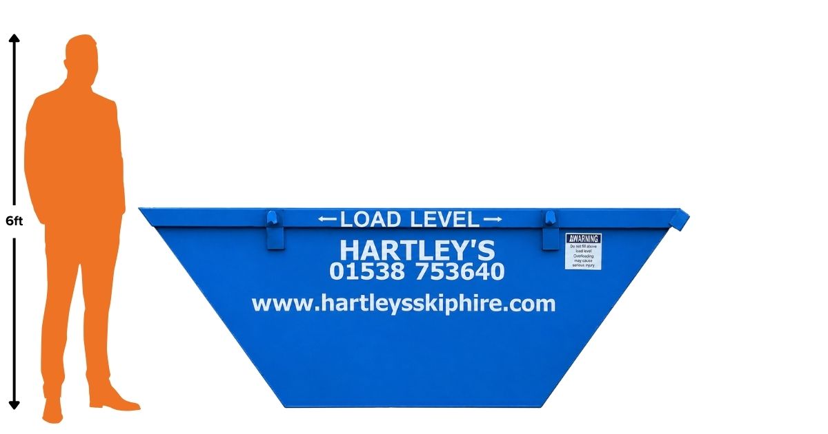 5-tonne-midi-skip Blue builders skip with Hartley’s branding and scale