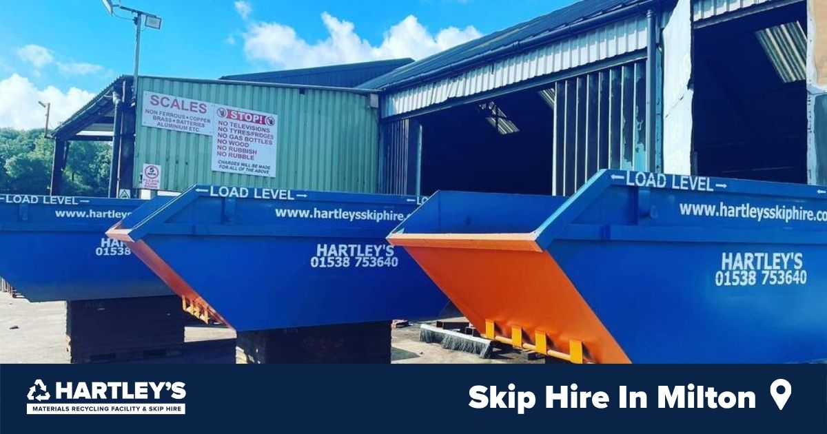 Skip Hire In Milton Blue Hartley’s skips outside Milton recycling facility