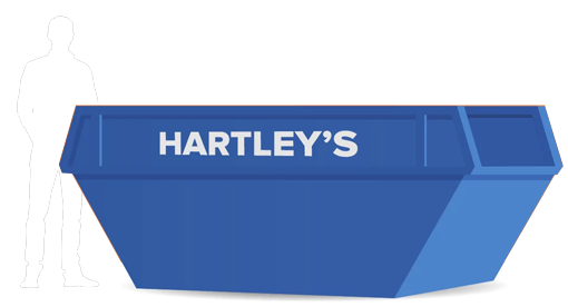 10 tonne large size skip with the silhouette of a 6ft man standing next to the skip for size comparison